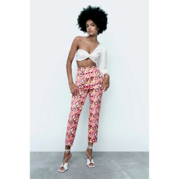 NWOT Zara pink paisley floral swirl retro skinny cropped high waist trousers, XL - Picture 1 of 10